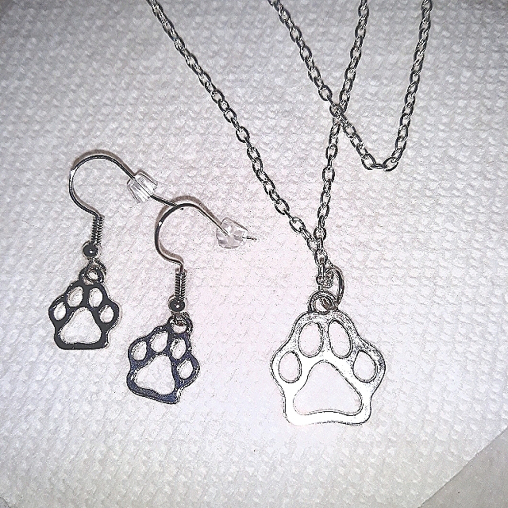 Silver Paw Print Necklace Set 18-22" chain and Earrings Hand Crafted NEW